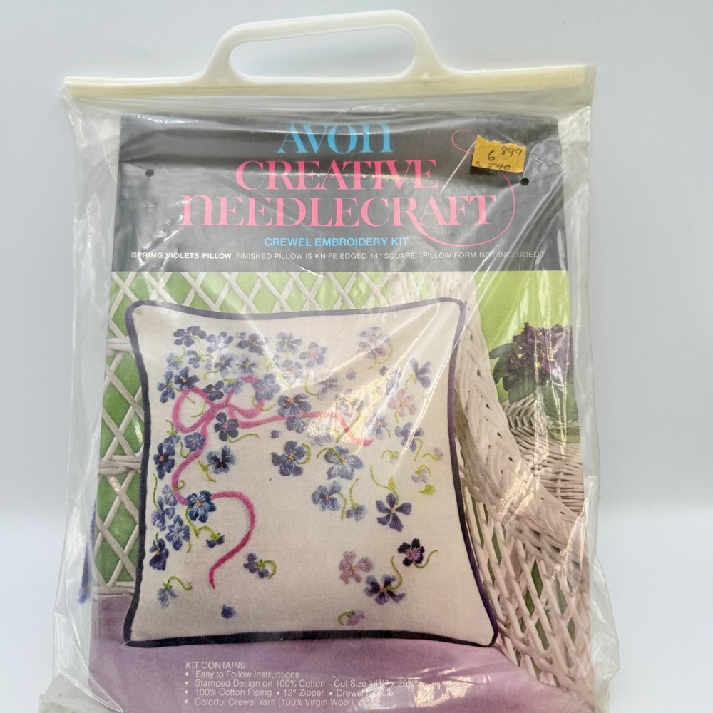 Avon Creative Needlecraft Spring Violets Pillow Crewel Embroidery Kit Vintage